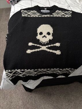 Schott NYC Black Sweater with White Skull & Crossbones